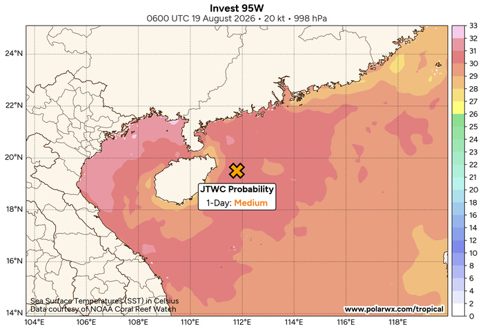 THE AREA OF CONVECTION (INVEST 95W) PREVIOUSLY LOCATED NEAR  19.5N 117.2E IS NOW LOCATED NEAR 19.0N 114.2E, APPROXIMATELY 195 NM  SOUTH OF HONG KONG. ANIMATED MULTISPECTRAL SATELLITE IMAGERY (MSI)  DEPICTS A BROAD AND ELONGATED LOW-LEVEL CIRCULATION (LLC) THAT HAS  BEEN CONSOLIDATING OVER THE LAST 6-12 HOURS. A 190155Z METOP-B ASCAT  PASS REVEALS A BROAD CIRCULATION EMBEDDED WITHIN A TROUGH EAST OF  HAINAN. ENVIRONMENTAL ANALYSIS REVEALS MARGINAL TO FAVORABLE  CONDITIONS FOR DEVELOPMENT WITH MODERATE VERTICAL WIND SHEAR (15 TO  20KTS) AND MODERATE EQUATORWARD OUTFLOW, HOWEVER, IT IS OFFSET BY WARM  (29 TO 30 C) SEA SURFACE TEMPERATURES WHICH ARE CONDUCIVE FOR STRONGER  DEVELOPMENT. GLOBAL MODELS INDICATE THAT 95W WILL GRADUALLY INTENSIFY  AND CONSOLIDATE IN THE SOUTH CHINA SEA. ENSEMBLE MODELS ALSO SHOW  FURTHER DEVELOPMENT AND A GENERAL WESTWARD TRACK TOWARDS HAINAN OVER  THE NEXT 36-48 HOURS. MAXIMUM SUSTAINED SURFACE WINDS ARE ESTIMATED AT  18 TO 23 KNOTS. MINIMUM SEA LEVEL PRESSURE IS ESTIMATED TO BE NEAR  1000 MB. THE POTENTIAL FOR THE DEVELOPMENT OF A SIGNIFICANT TROPICAL  CYCLONE WITHIN THE NEXT 24 HOURS REMAINS MEDIUM.