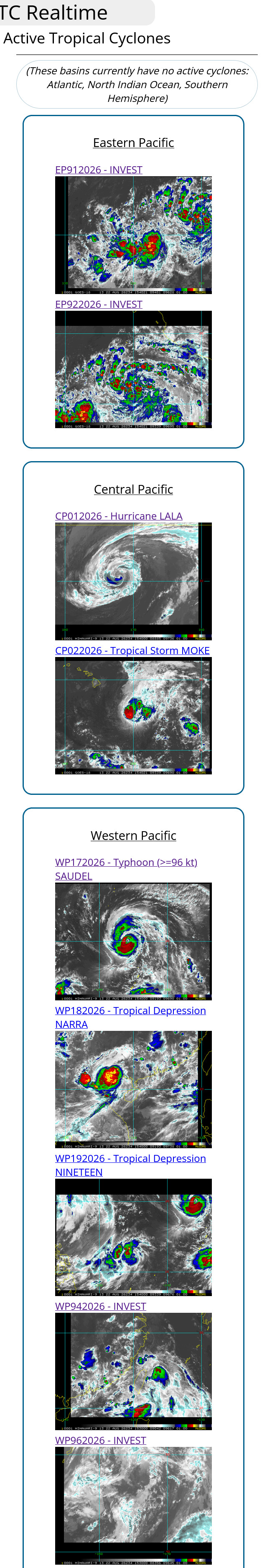 WESTERN PACIFIC:TY 17W(SAUDEL) CAT 3 US,RI past 24 hours,forecast to peak at Super Typhoon Intensity by 36h/TS 18W(NARRA)/Invest 94W/CENTRAL PACIFIC:TD 19W/94W/CENTRAL PACIFIC:HU 01C(LALA) /TS 02C(MOKE)//22@1630 UTC
