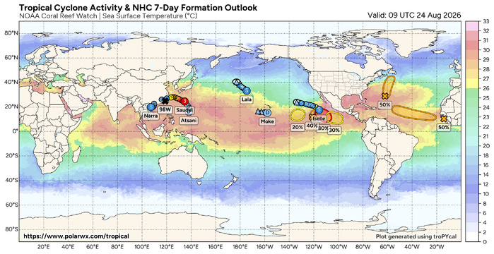 WESTERN PACIFIC: TY 17W(SAUDEL) CAT 3 US  failed to reach STY Intensity,to track close North of OKINAWA by 36h/TS 18W(NARRA)/TD 19W(ATSANI)/98W/CPA:TS 01C(LALA)/TS 02C(MOKE)//EPA:TS 09E(ISELLE)/91E/ATL:95L//24@1100UTC