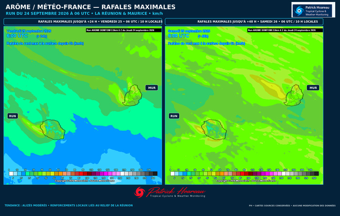 ILES SOEURS: Maurice/Réunion: tendances météo des prochaines 36h , 24/09/2026