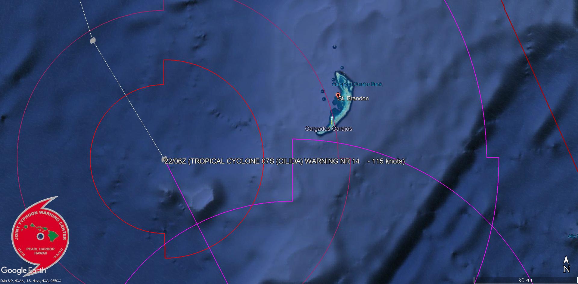 Cliquez sur l'image.Le cyclone intense passe à un peu plus de 110km des îles de Saint Brandon ou les conditions sont cycloniques.