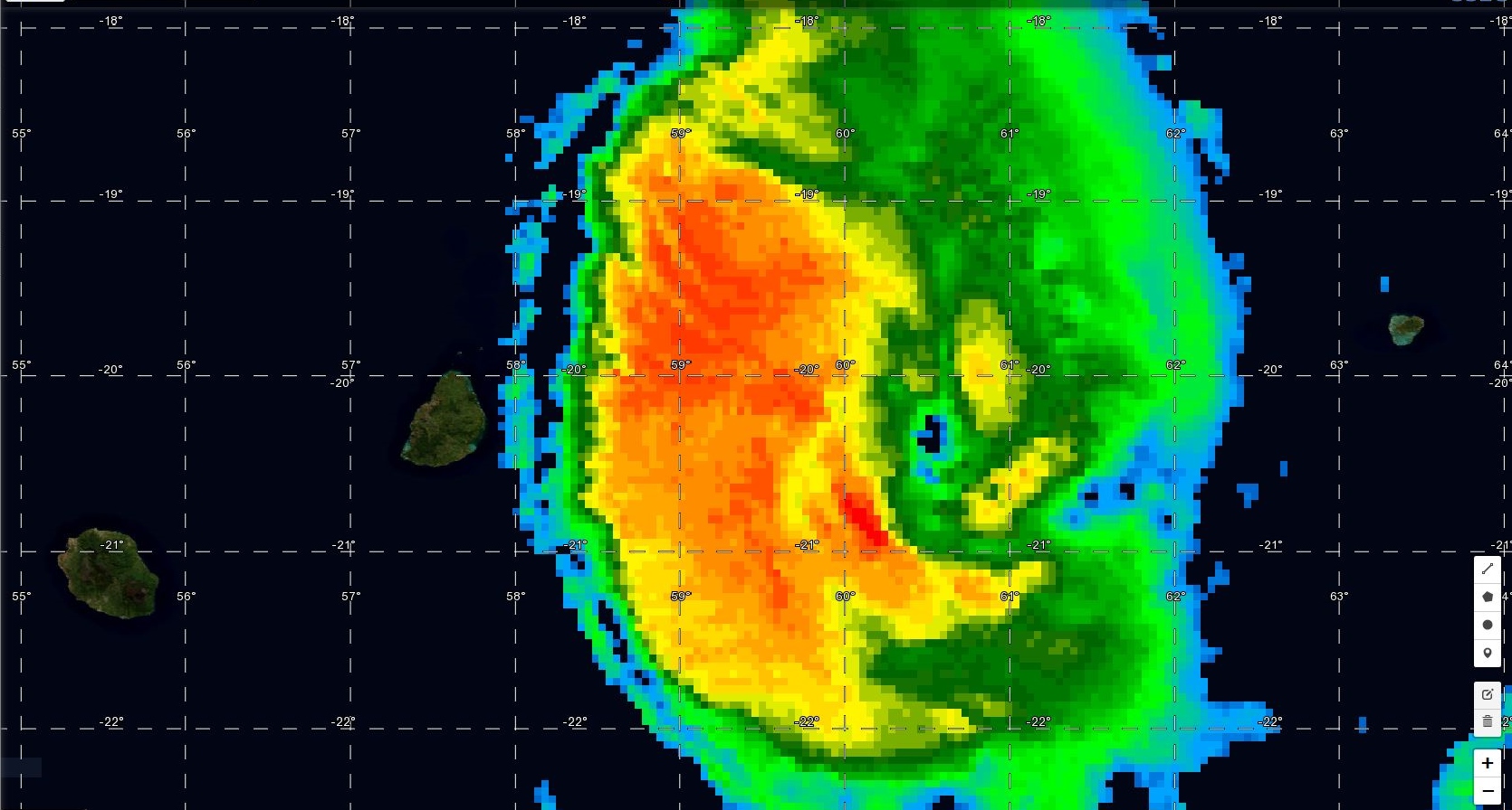 Photo sat de 06h. Après avoir transité à 50km des côtes mauriciennes les bandes cycloniques actives(jaune, orange et rouge) commencent à s'éloigner.