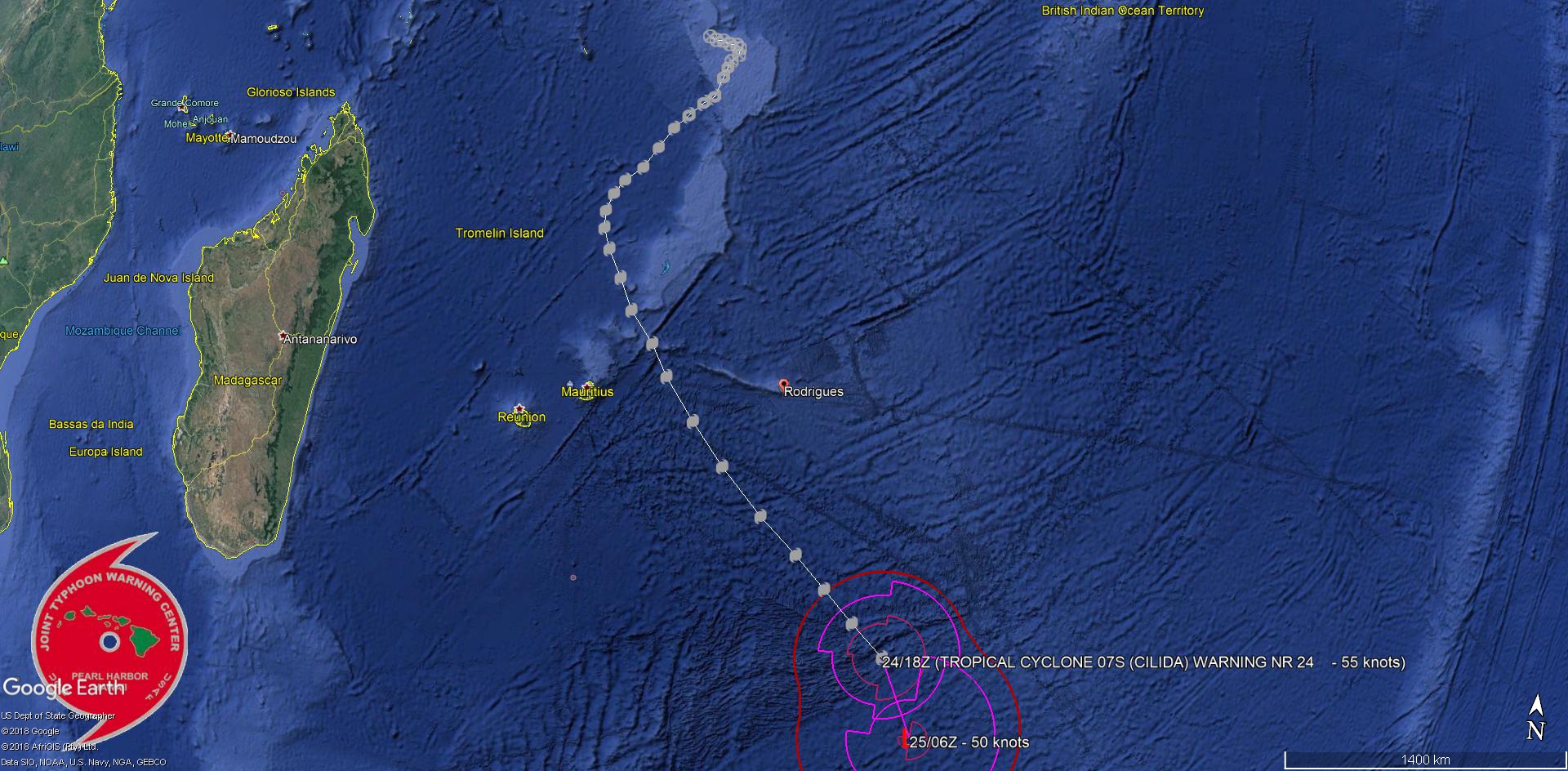 Cliquez sur l'image.Trajectoire complète du cyclone intense CILIDA.