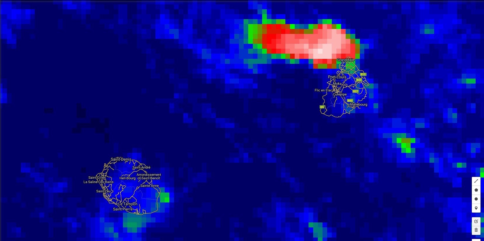 Zone pluvio-orageuse à proximité nord de Maurice. Des averses sur l'est de la Réunion.