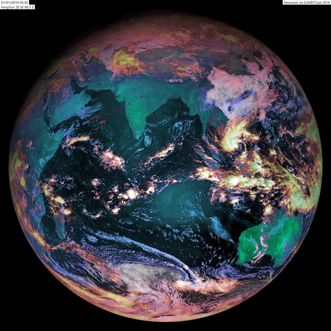 L'océan indien vu ce matin à 09h30 par le satellite chinois Fy2E. Pour le moment c'est vers l'Australie et l'Indonésie que se concentrent les zones de convection les plus actives. Image: Alan Banks.