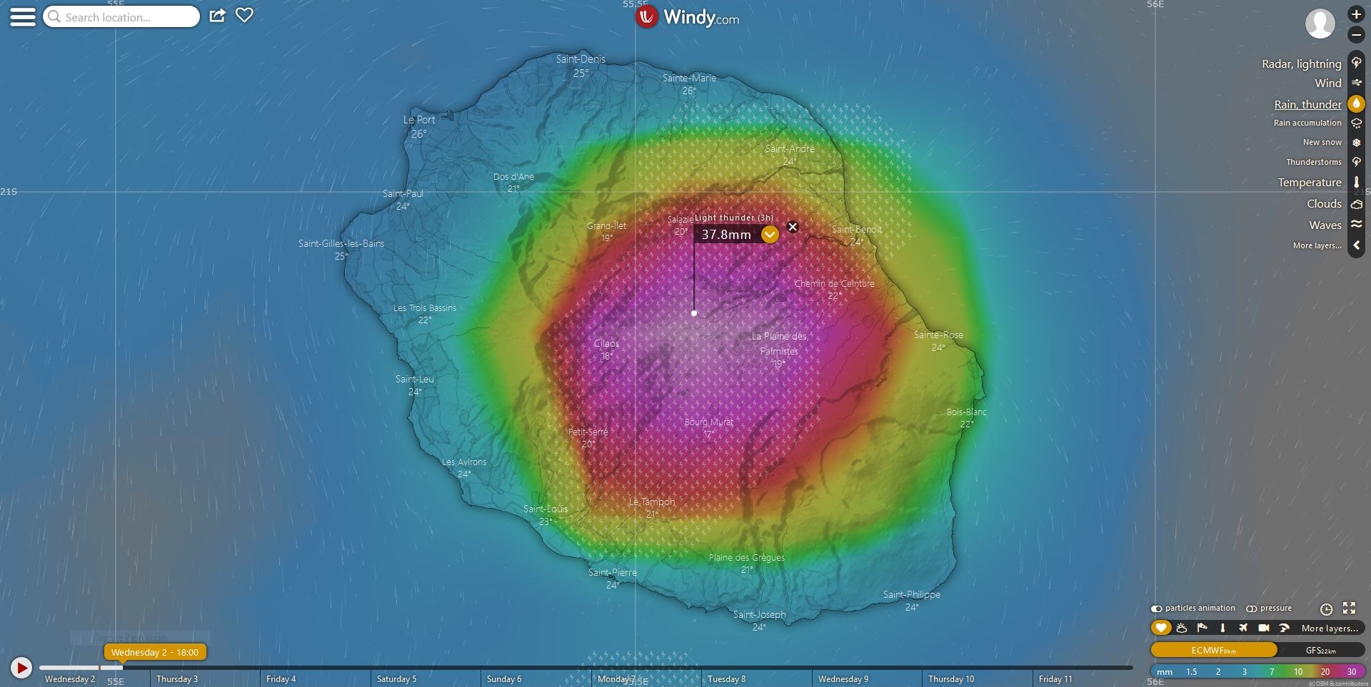 Simulation du modèle européen ECMWF en fin d'après midi.