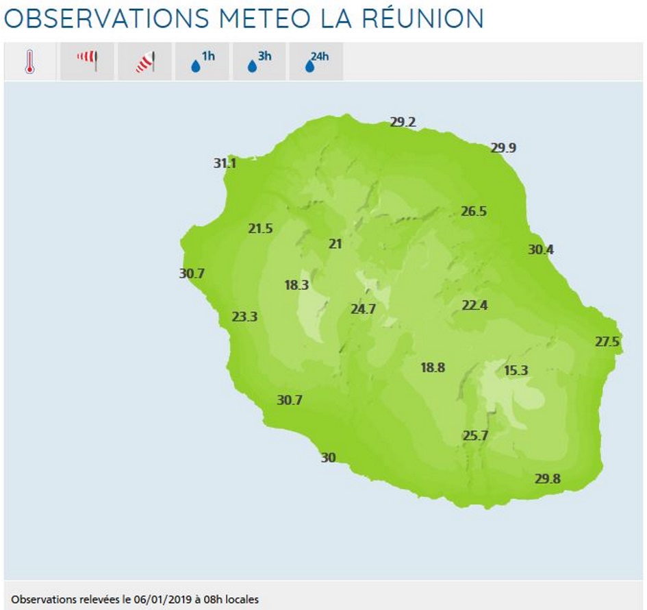 Carte de Météo France Réunion des températures sous abri à 8h.
