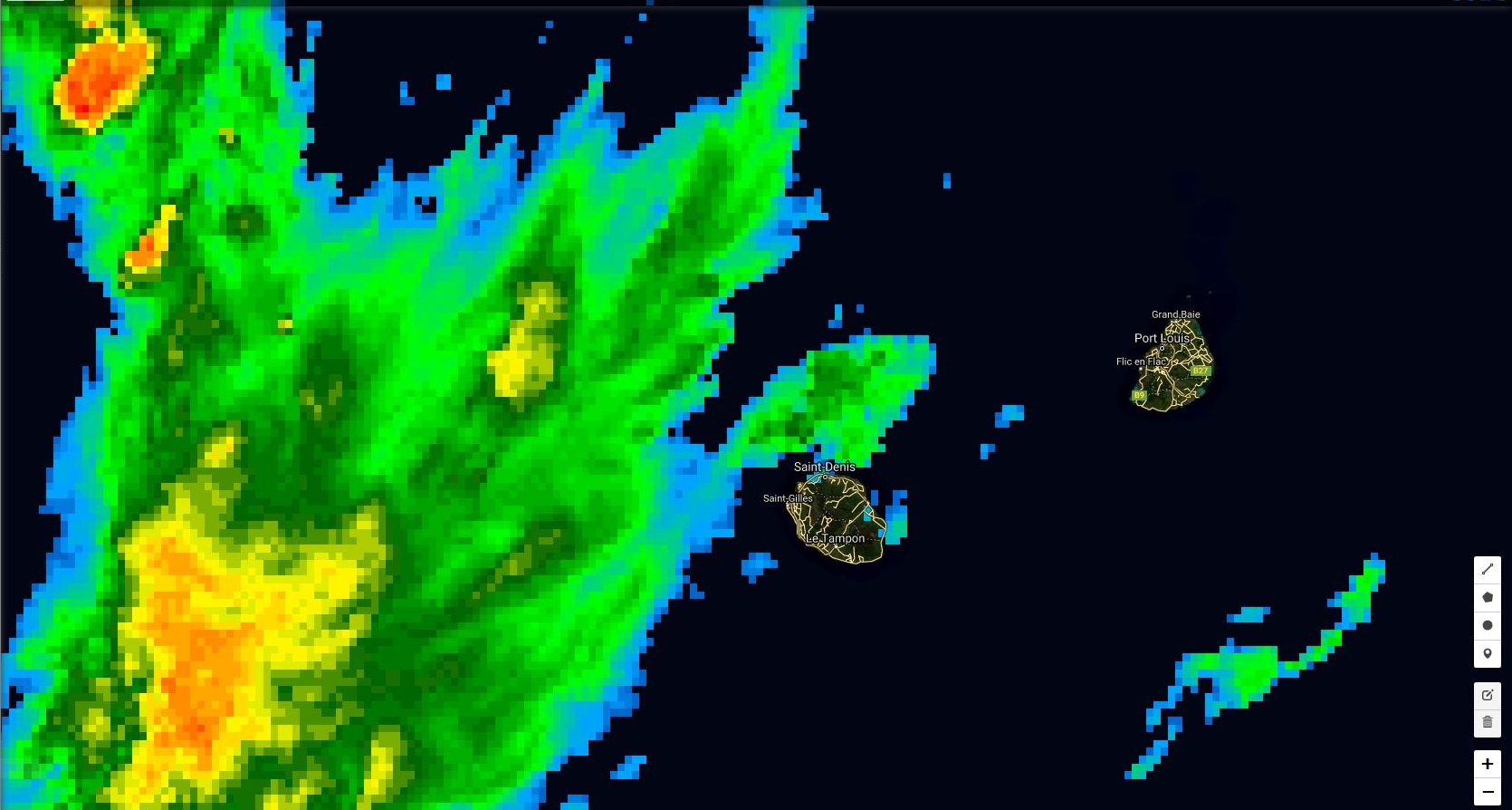 Bandes actives à proximité de la Réunion. 11h.