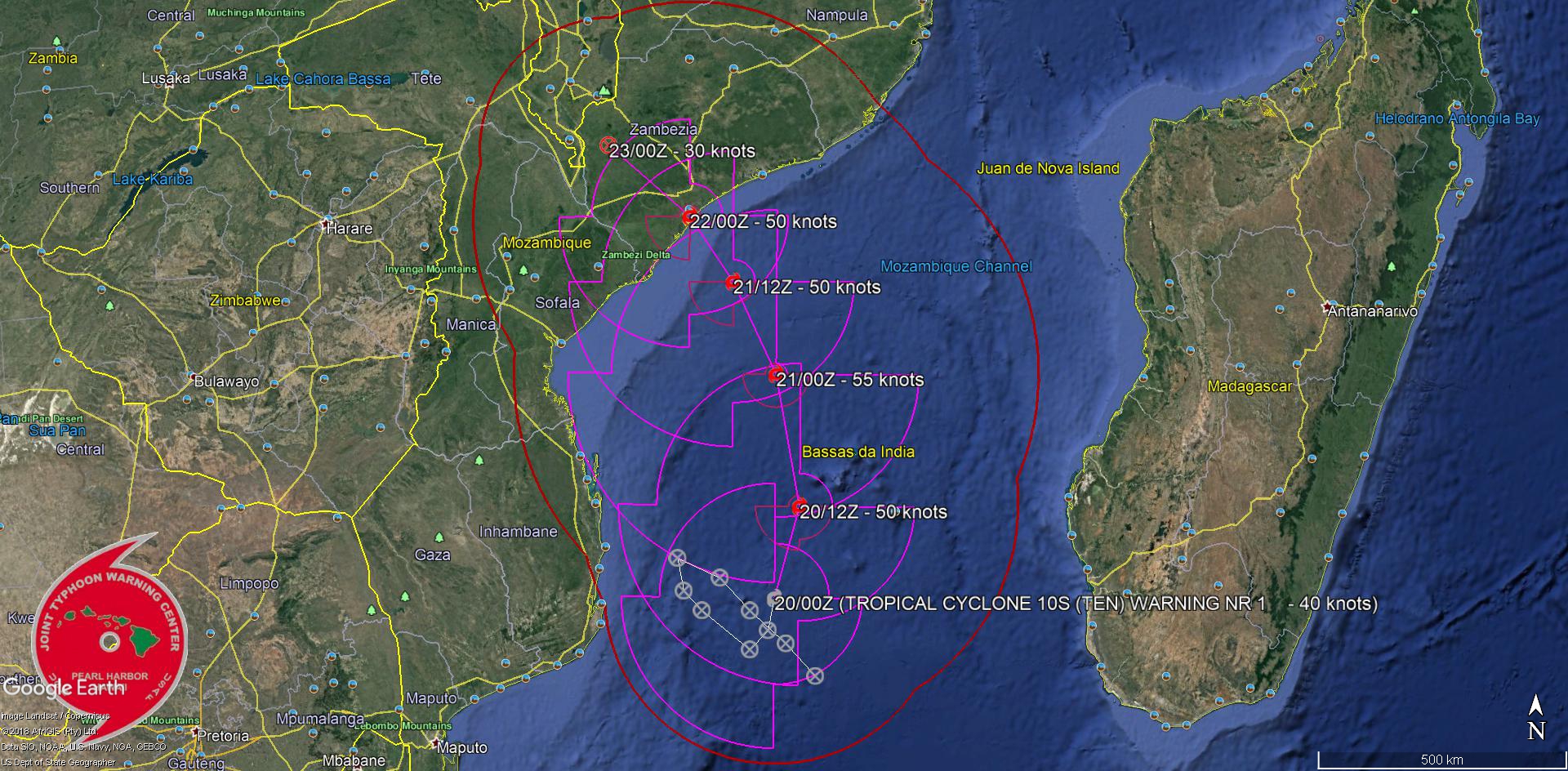 Trajectoire et intensité prévues par le JTWC dans son premier "warning" sur ce système.NB: "tropical cyclone" est le terme scientifique qui regroupe les systèmes à l'intensité de dépression, tempête et cyclones tropicaux.