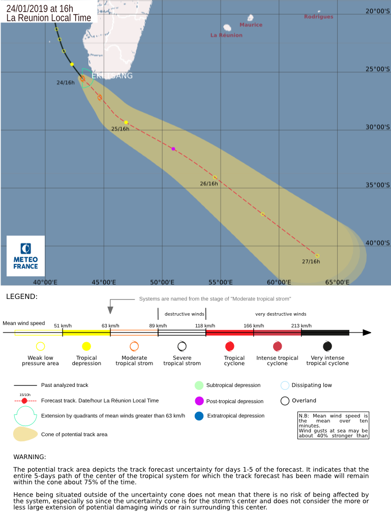 16h: carte de prévisions de trajectoire et d'intensité du CMRS de la Réunion.