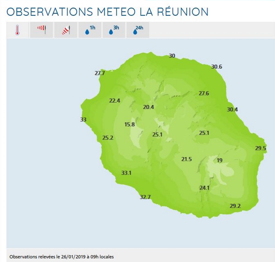 Relevés de températures dans les stations de Météo France Réunion à 9h.