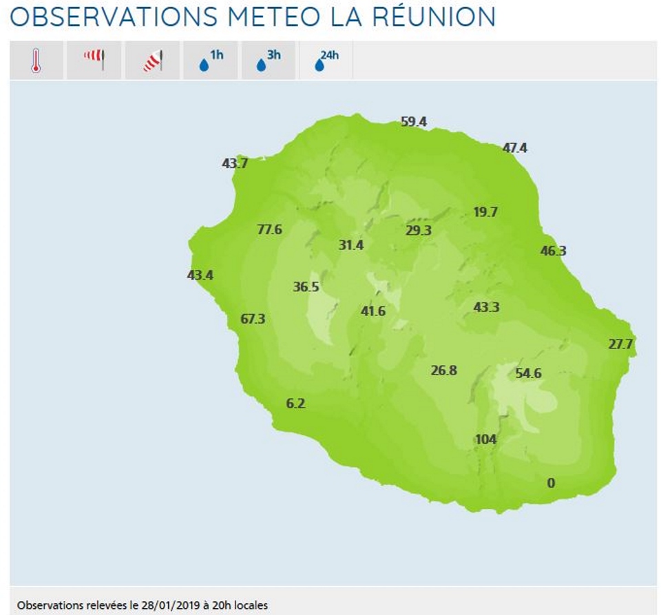 20h: cumuls des précipitations enregistrés en 24h dans les stations de Météo France Réunion disponibles en temps réel.