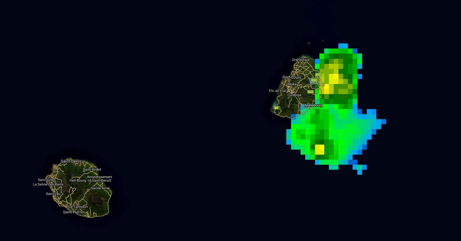 Satellite à 21h: les pluies les plus intenses sont estimées juste à proximité de l'Ile Aux Cerfs à ce moment là.
