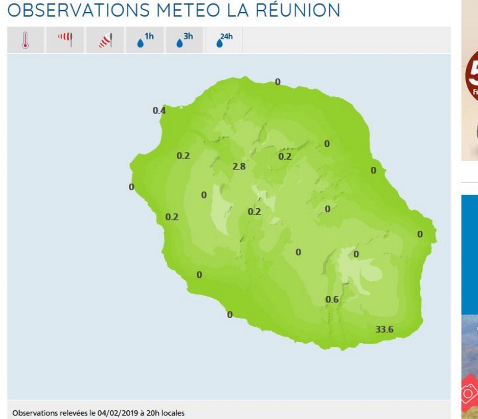 A 20h pluviométrie en 24h dans les stations de Météo France Réunion.