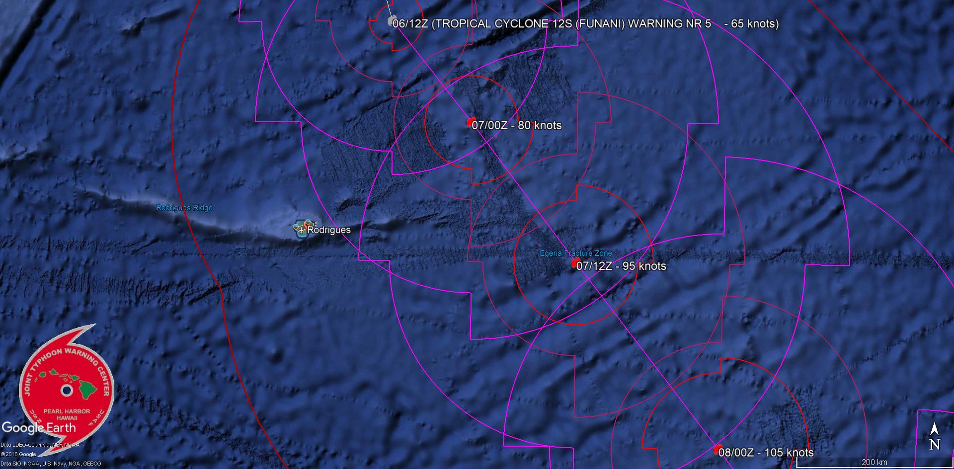 Le centre du cyclone FUNANI est prévu passer à 220km au plus près de Rodrigues en fin de nuit prochaine.