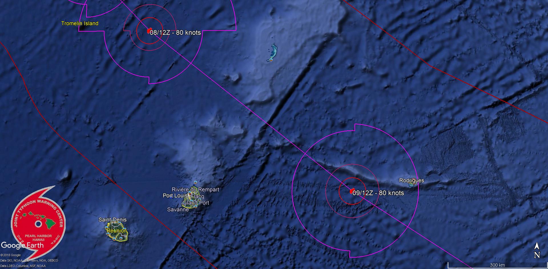 Le centre de GELENA pourrait passer à 250/260km de Maurice et à une centaine de kms de Rodrigues.