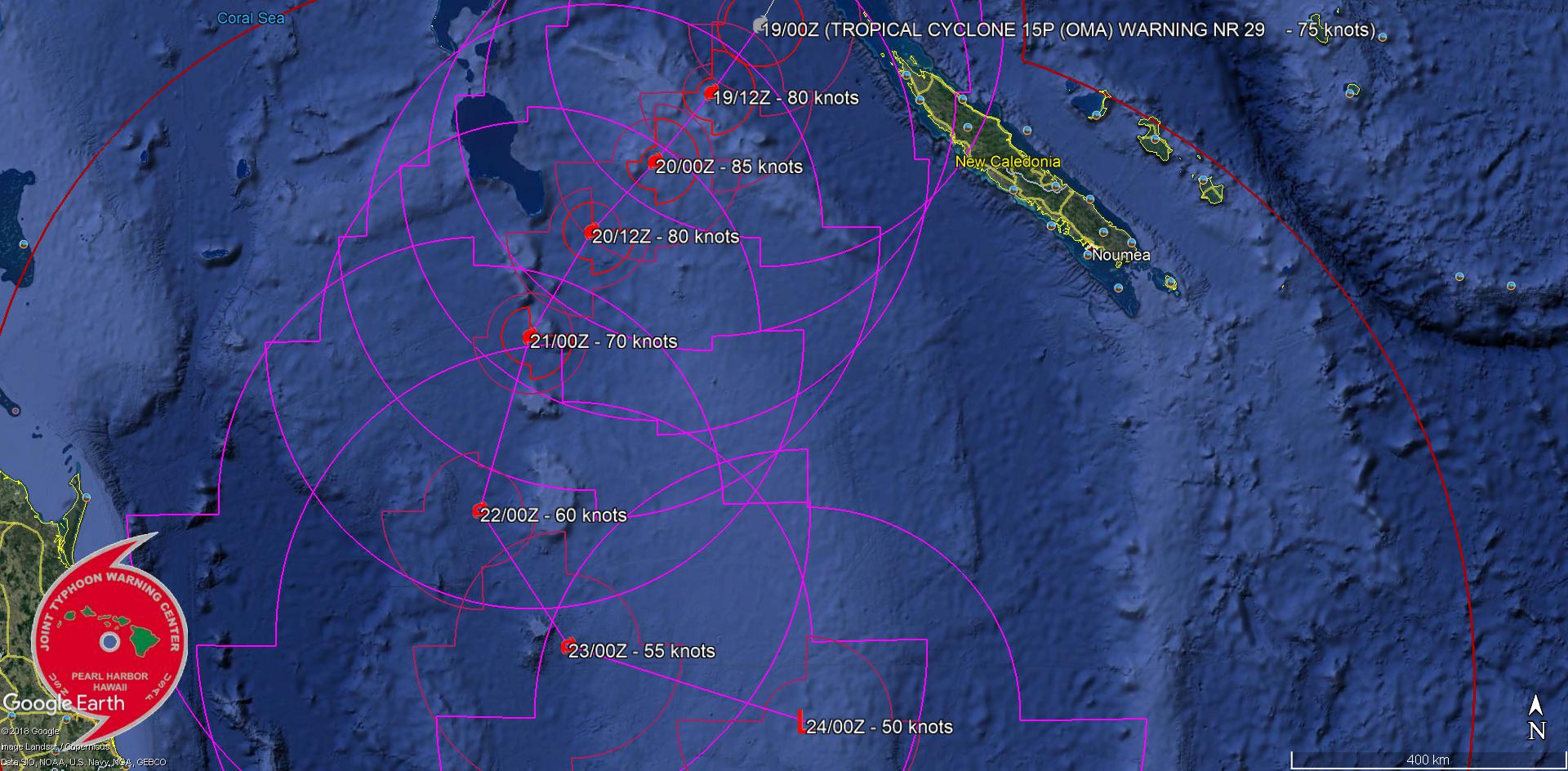 Cyclone OMA(15P), Category 1US, tracking 130km west of the Belep islands where 140km/h gusts are reported