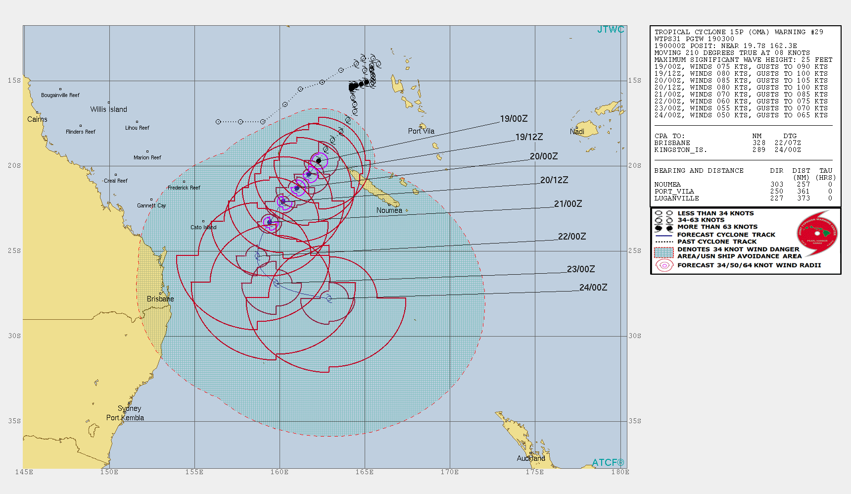 Cyclone OMA(15P), Category 1US, tracking 130km west of the Belep islands where 140km/h gusts are reported
