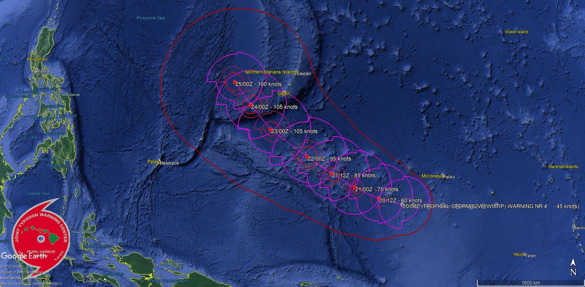 03UTC: WUTIP(02W) forecast to intensify rapidly to a CAT3 US in less than 3 days while approaching the Guam/Yap area