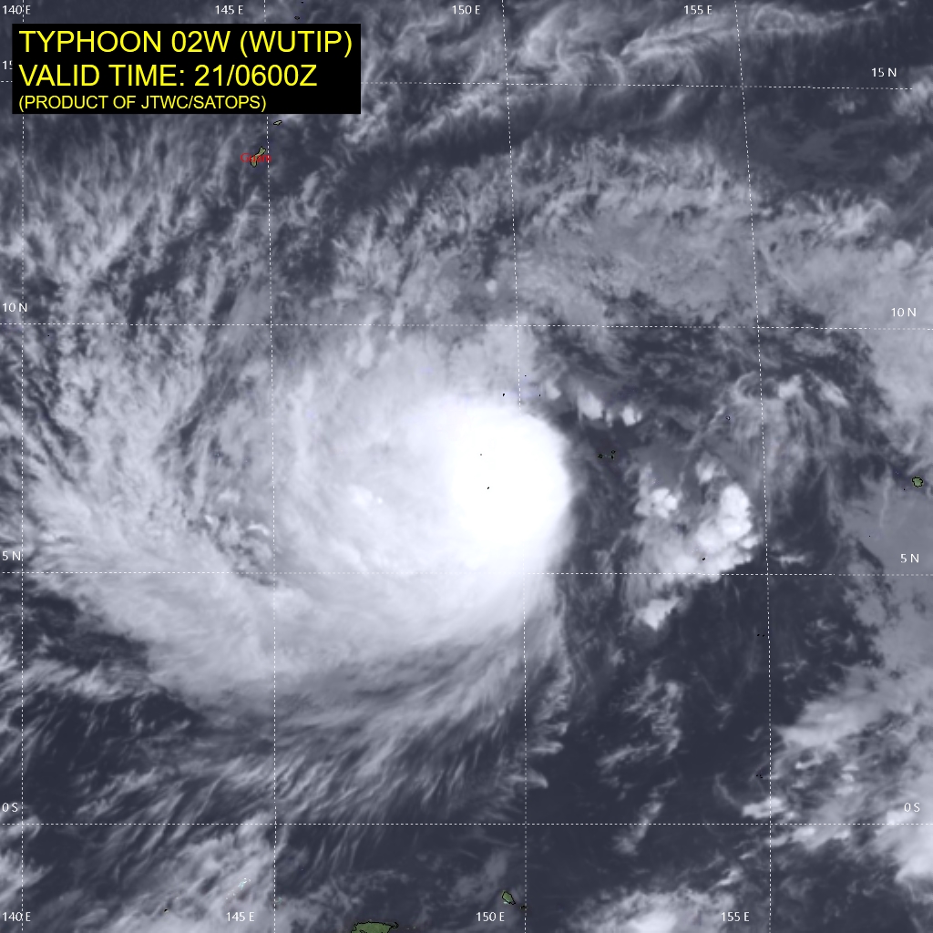 09UTC: Typhoon WUTIP(02W) forecast to reach Category 3 US in 36hours while approaching Guam