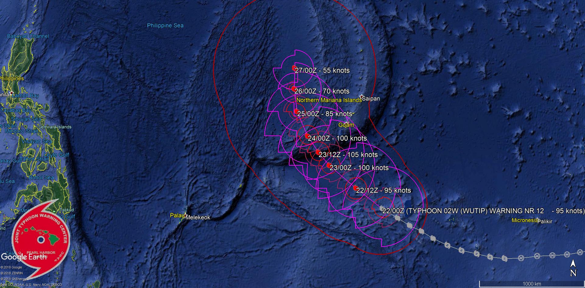 03UTC: typhoon Wutip(02W) Category 2 US, intensifying and approaching Guam area
