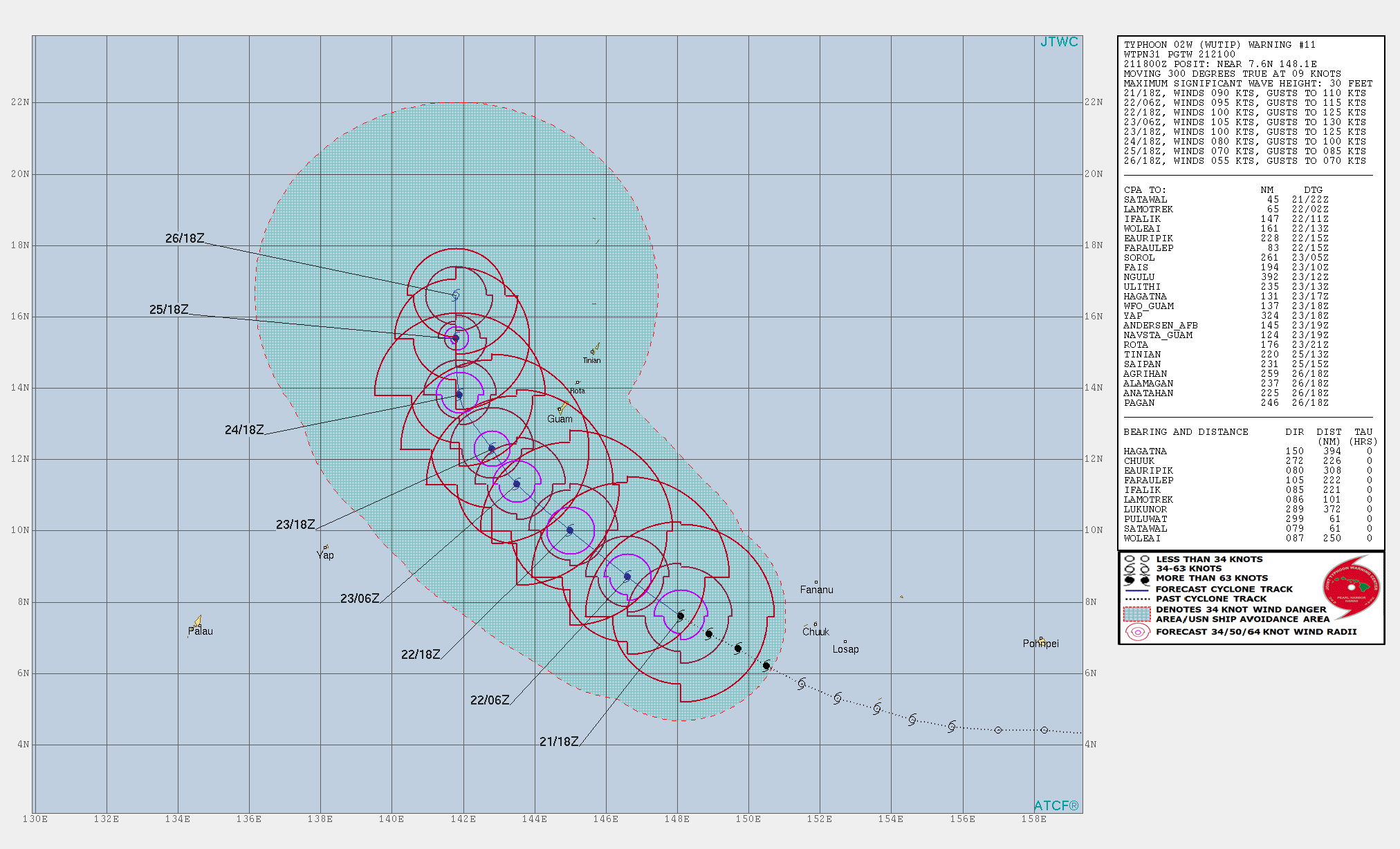 03UTC: typhoon Wutip(02W) Category 2 US, intensifying and approaching Guam area