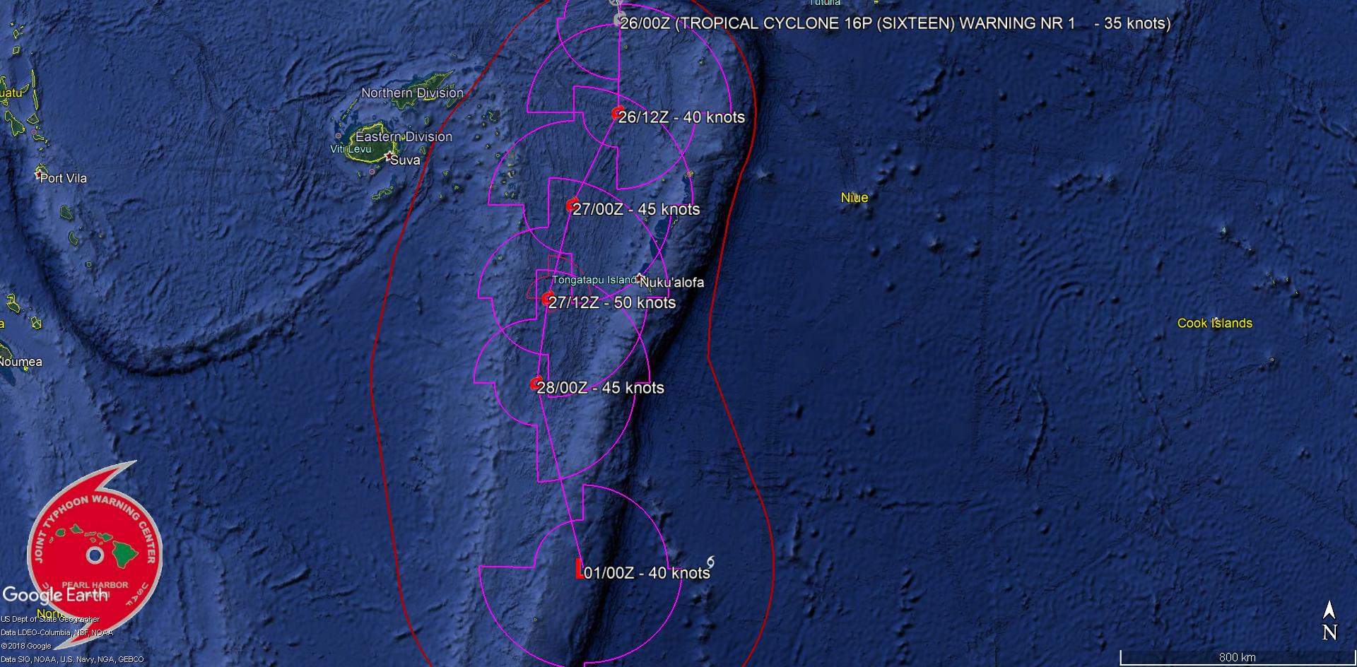 South Pacific: Cyclone 16P has formed, forecast to track west of Nuku 'alofa  after 24hours