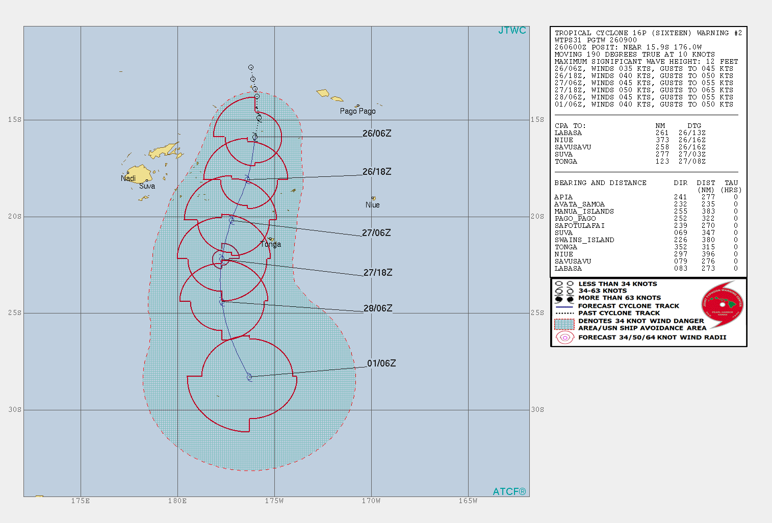 09UTC: South Pacific: Cyclone 16P forecast to track west of Nuku 'alofa  shortly after 24hours