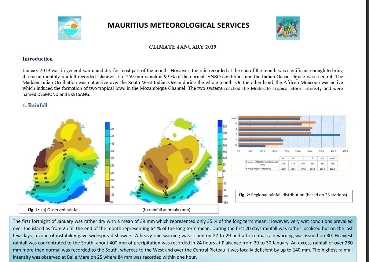 Mauritius: Climate January 2019:  un mois chaud et pluvieux à partir du 25 avec 400mm en 24h à Plaisance