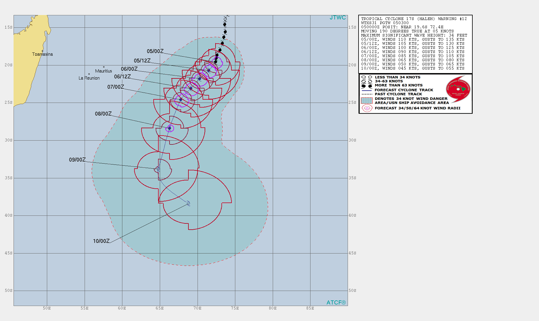 03UTC: TC HALEH(17S) has peaked, now a top category 3 US, forecast to weaken more rapidly after 24hours