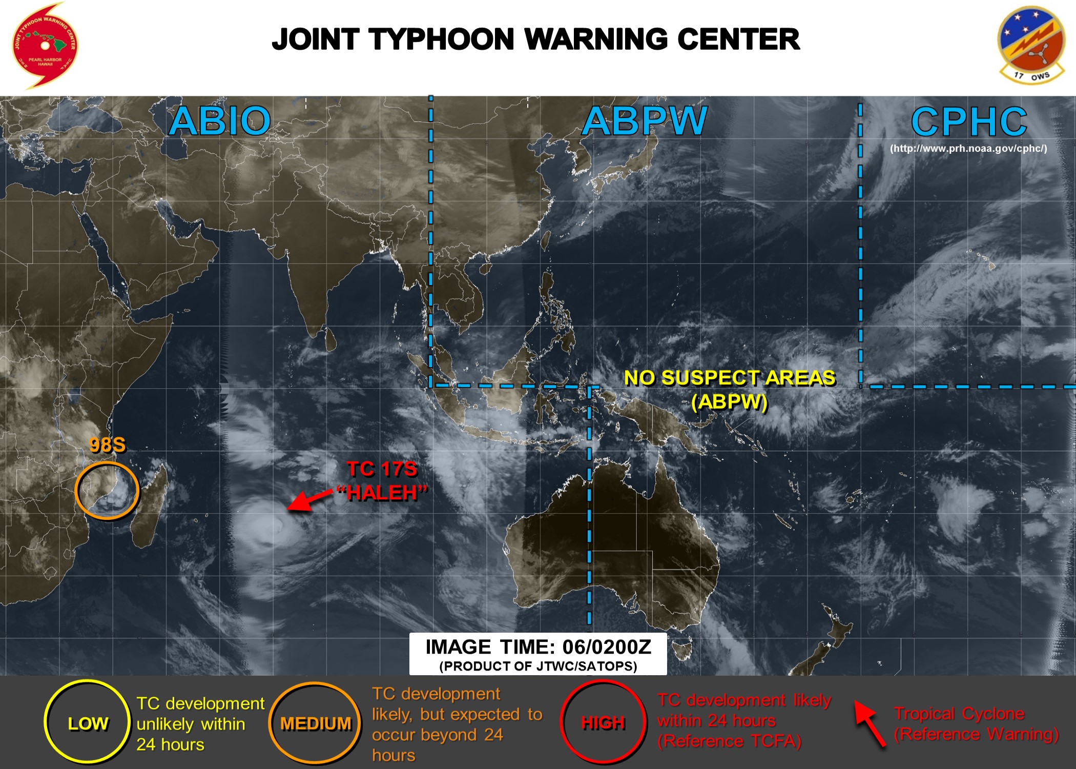 98S est en "medium"(orange) sur la carte de la Navy car on estime que les chances de le voir s'intensifier en dépression tropicale au cours des prochaines 24heures sont modérées.