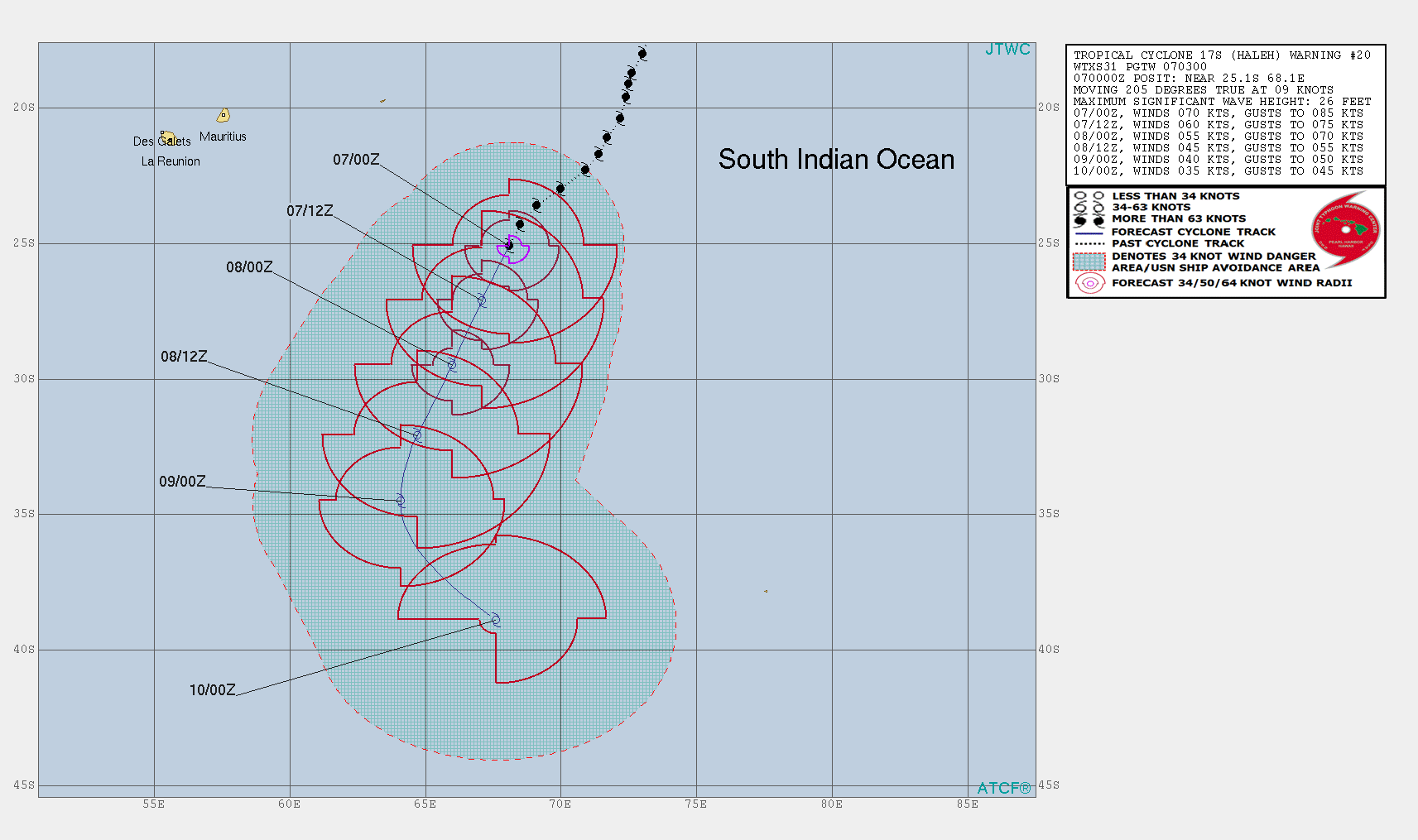 03UTC: Cyclone HALEH(17S) category 1 US, weakening and becoming extratropical in 36hours 03UTC: Cyclone HALEH(17S) category 1 US, weakening and becoming extratropical in 36hours