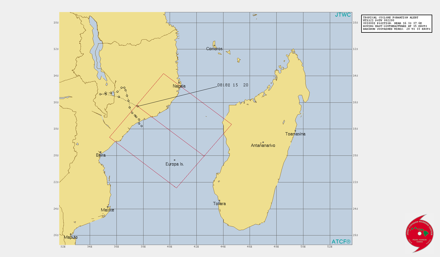 22UTC: 98S: Tropical Cyclone Formation Alert(TCFA) issued by the JTWC