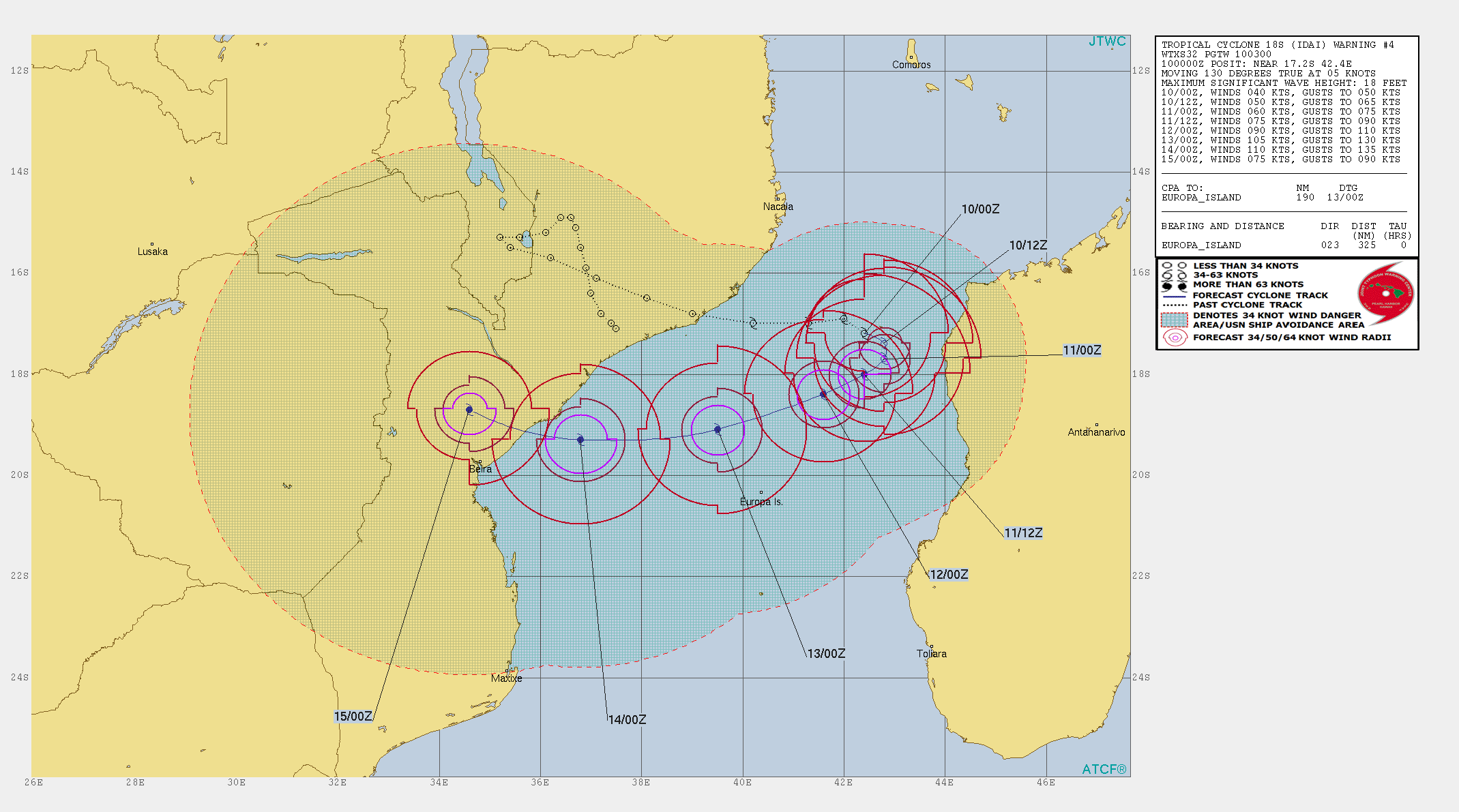 03UTC: IDAI(18S) is intensifying and could threaten the Beira region/Mozambique in 96hours as a powerful cyclone