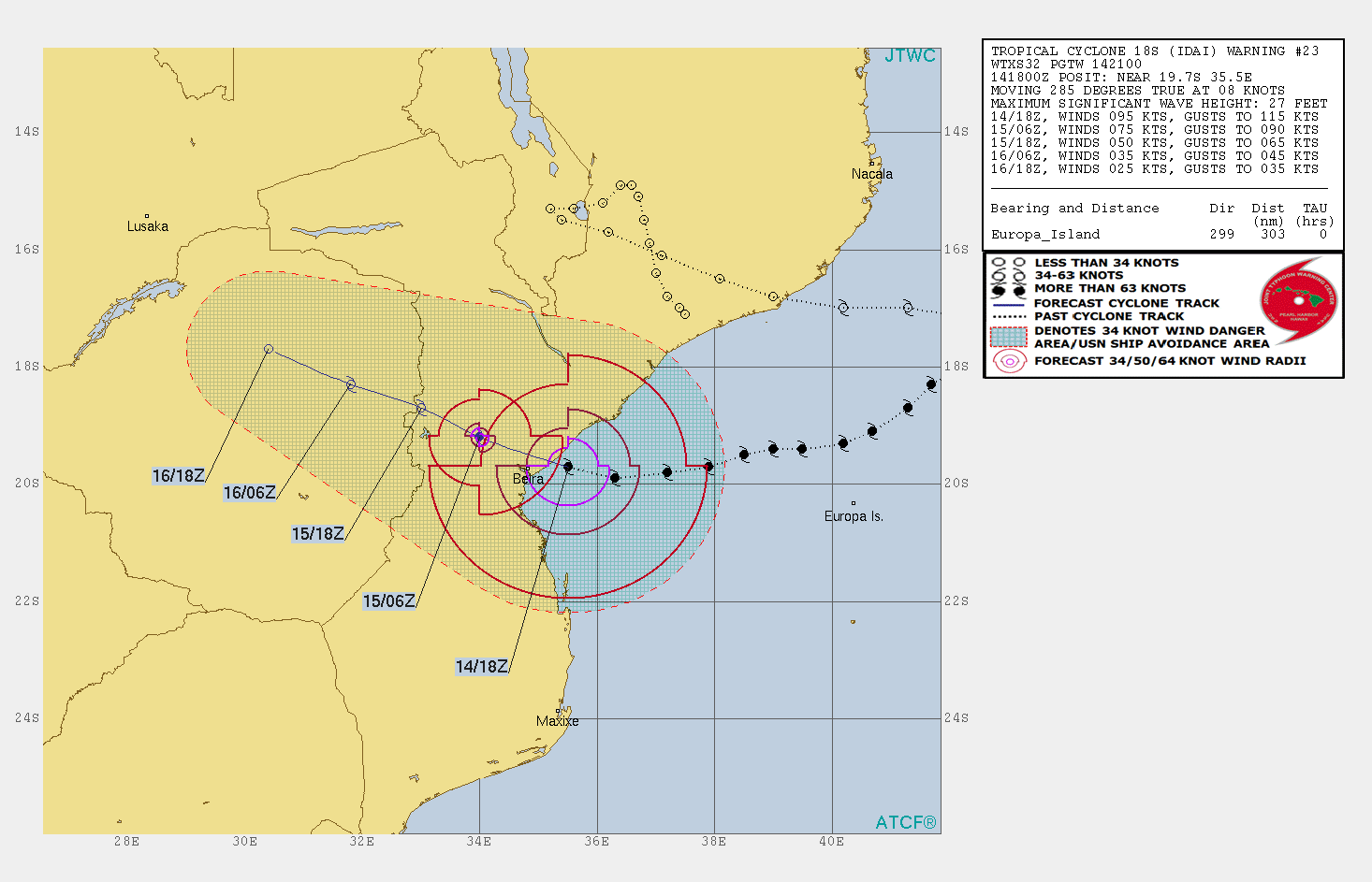 00UTC: TC IDAI(18S) made landfall over Beira near 22utc.