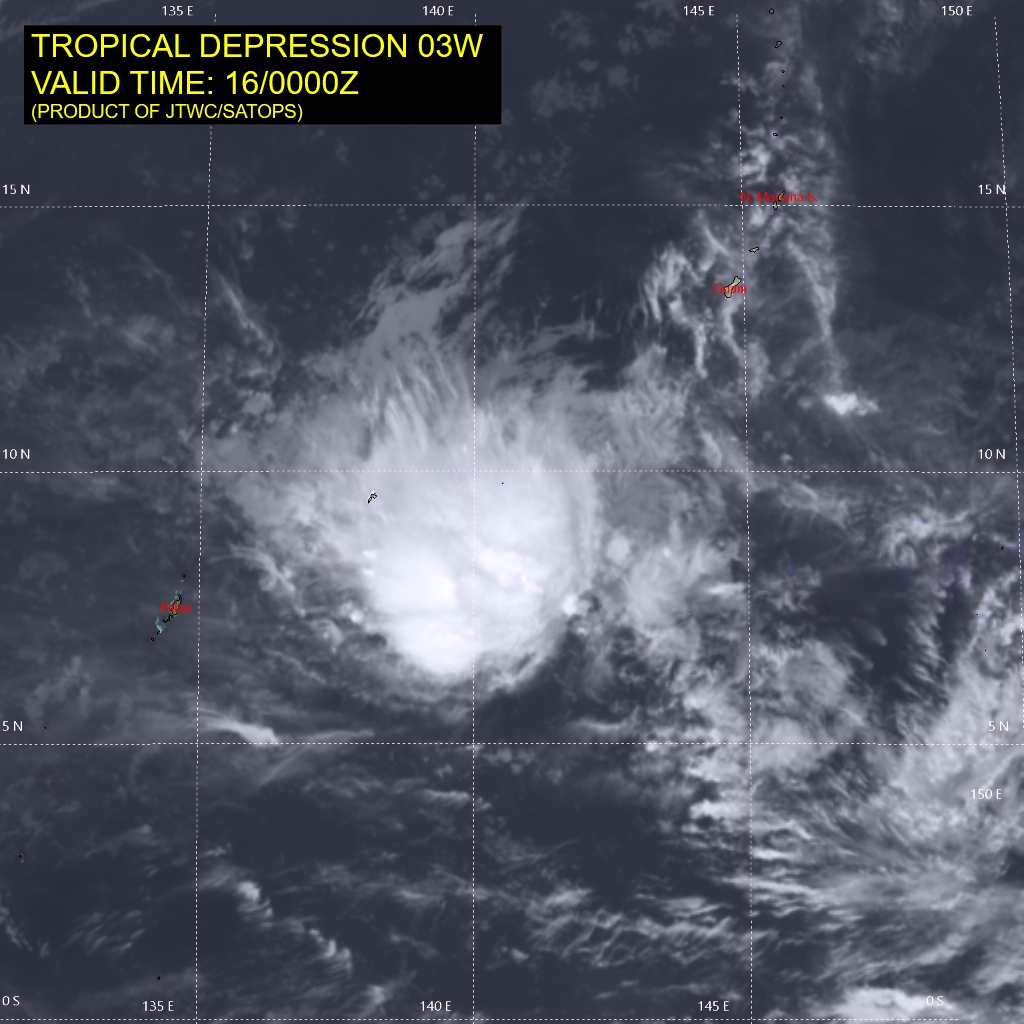 03UTC: Tropical Depresssion 03W 595km east of Palau forecast to dissipate in 3 days close to southern Mindanao