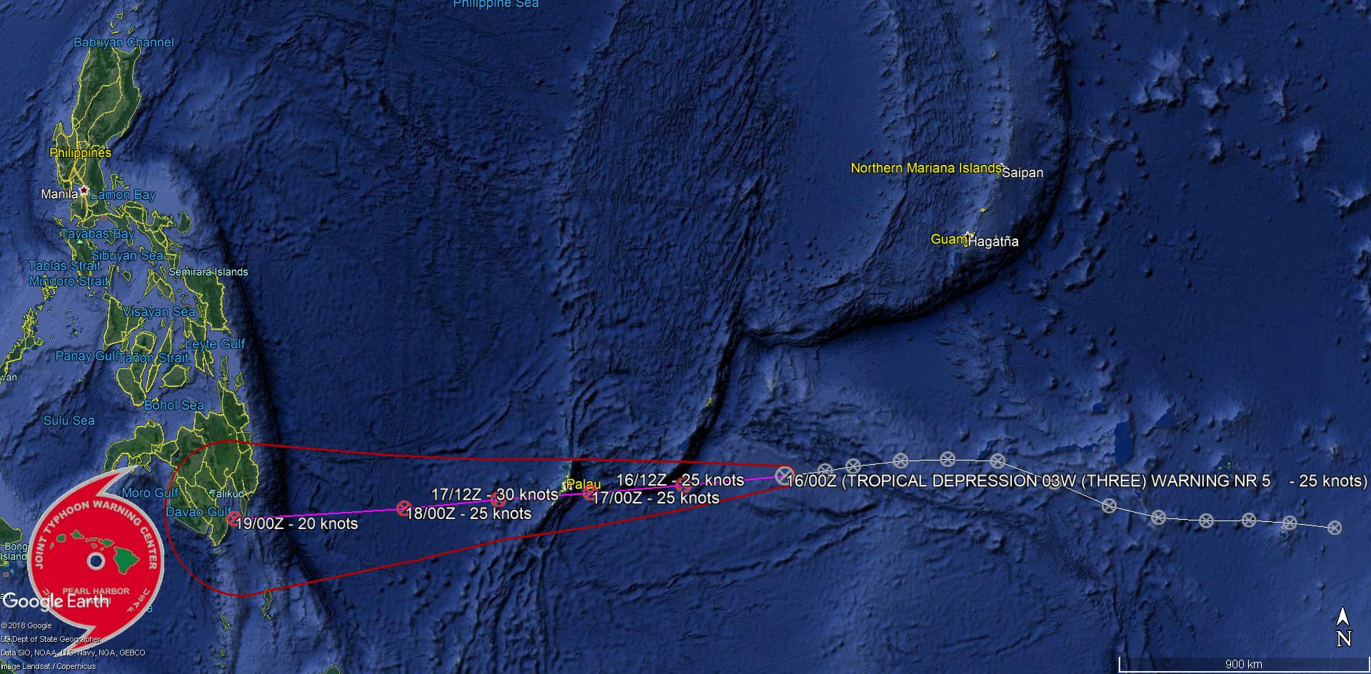 03UTC: Tropical Depresssion 03W 595km east of Palau forecast to dissipate in 3 days close to southern Mindanao