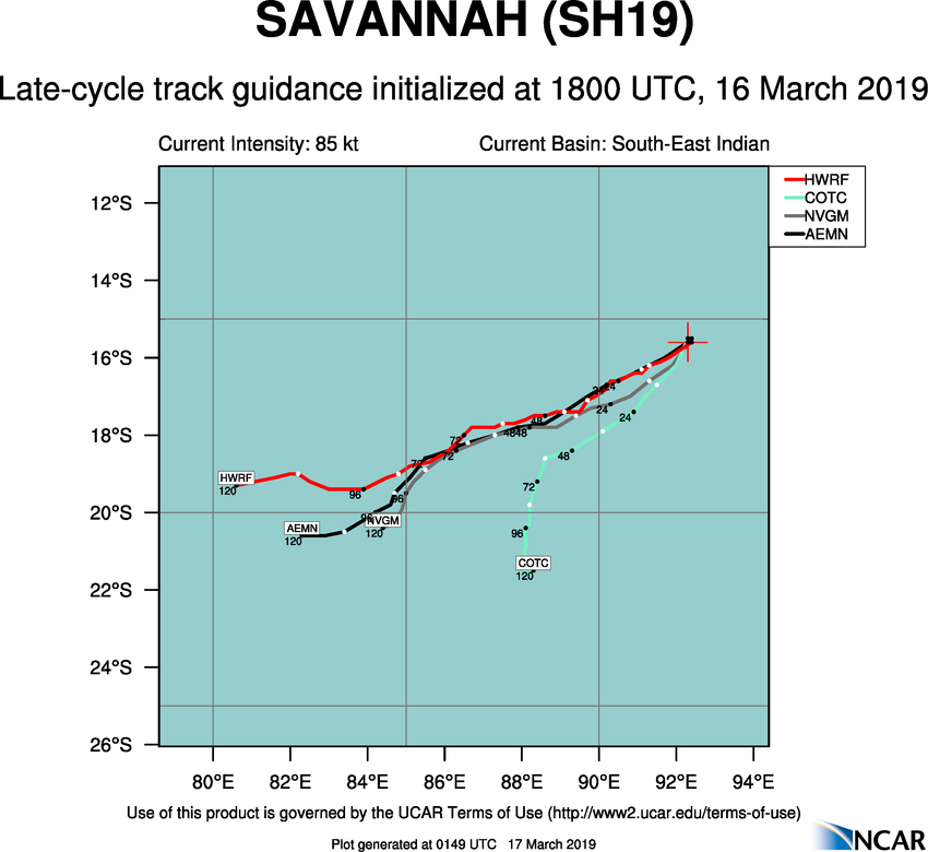 03UTC: TC SAVANNAH(19S) category 2 US intensifying over the open waters of the South Indian Ocean