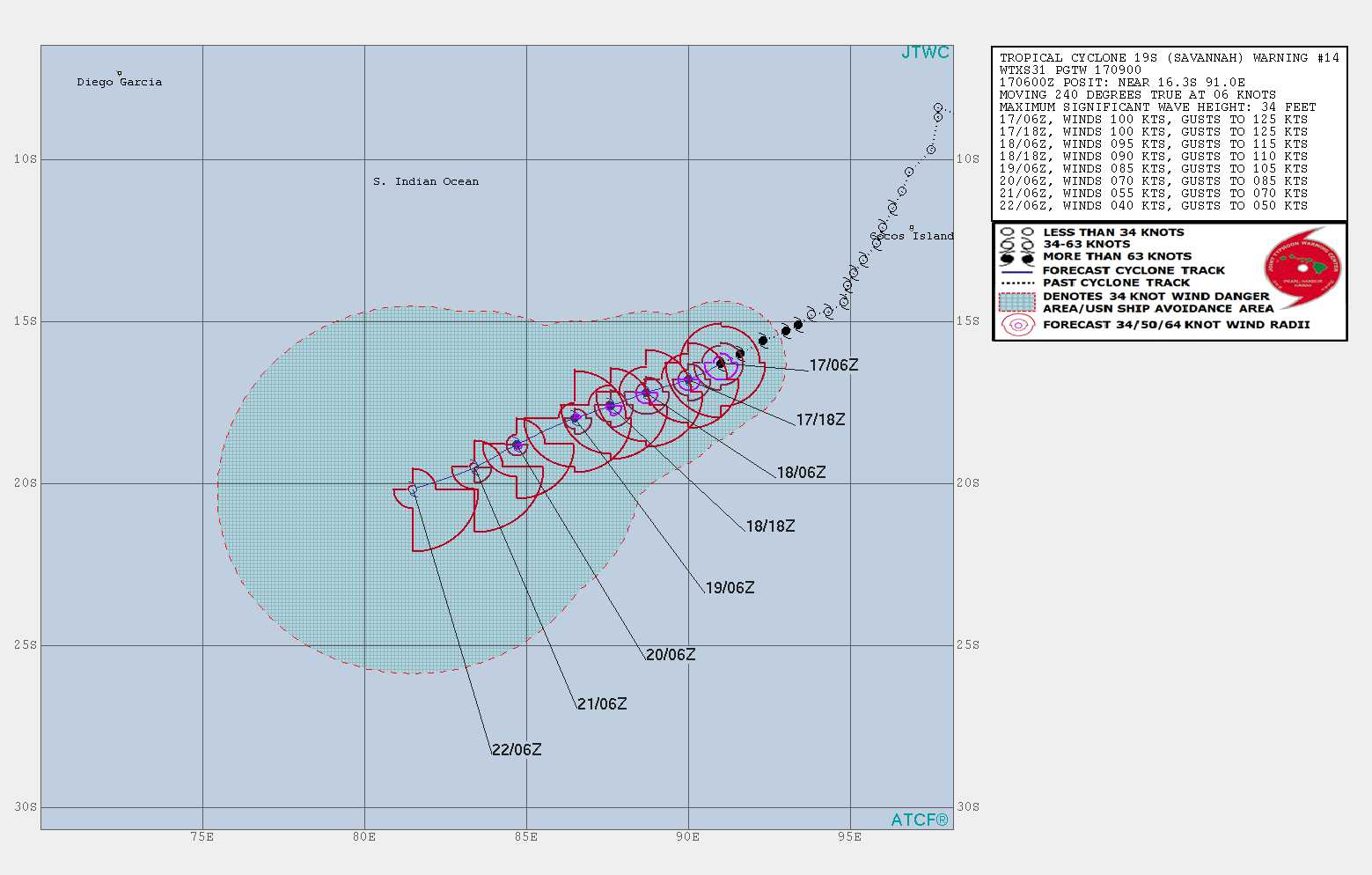 09UTC: Cyclone SAVANNAH(19S) is now an intense cyclone, category 3 US right in the middle of the South Indian Ocean