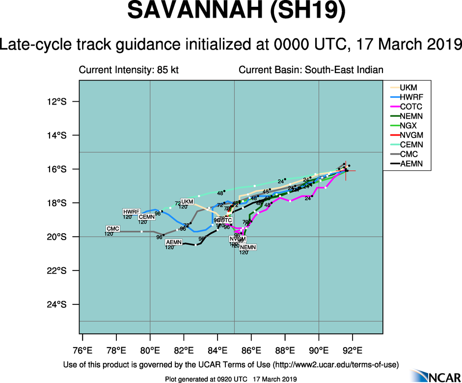 09UTC: Cyclone SAVANNAH(19S) is now an intense cyclone, category 3 US right in the middle of the South Indian Ocean
