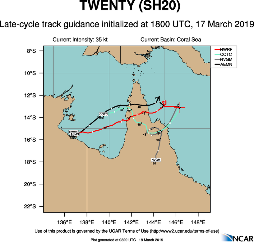 03UTC: TC TREVOR(20P) intensifying rapidly over the Coral Sea with expected landfall over Cape York shortly before 36h