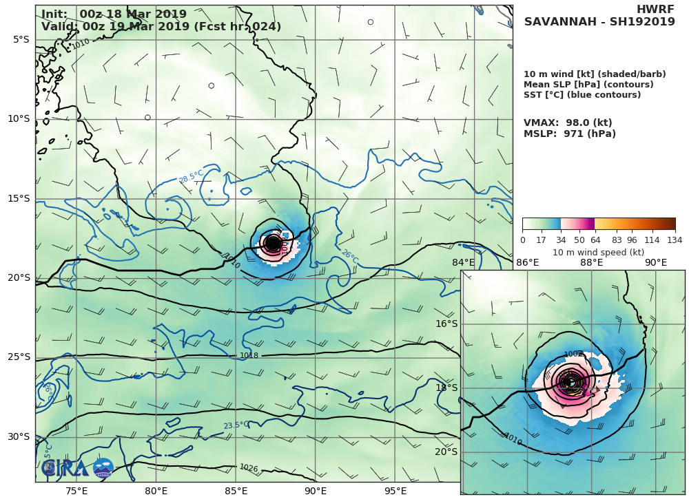 09UTC: TC SAVANNAH(19S) category 1 US is weakeing over the open seas of the South Indian Ocean