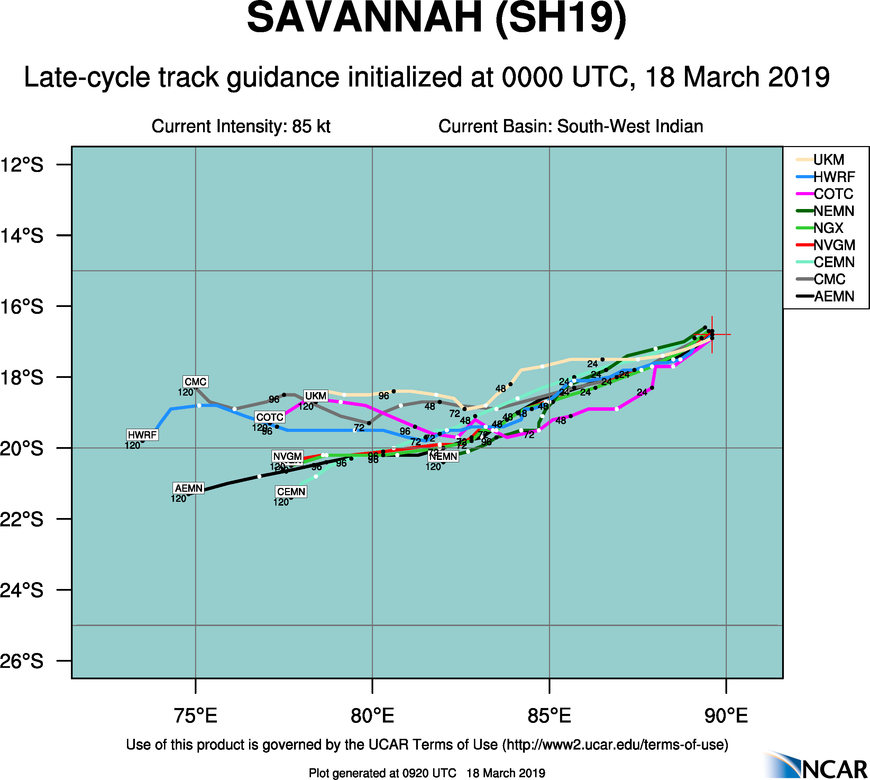 09UTC: TC SAVANNAH(19S) category 1 US is weakeing over the open seas of the South Indian Ocean