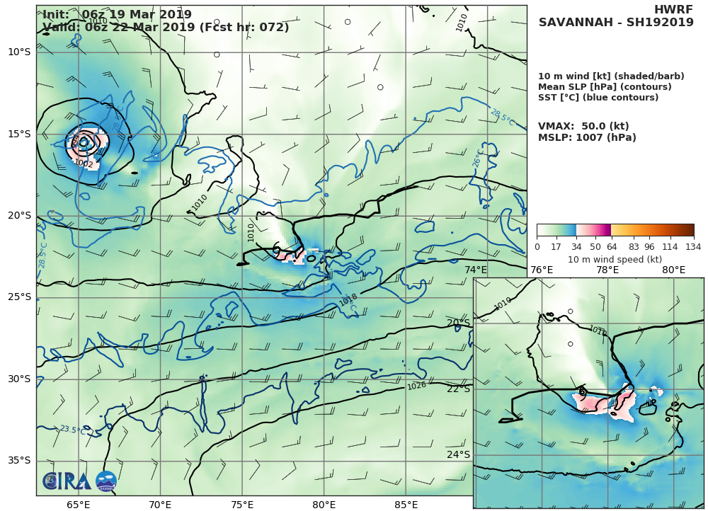 15UTC: SOUTH INDIAN: TC SAVANNAH(19S) with flaring convection but still expected to fall below 35knots intensity in 36hours