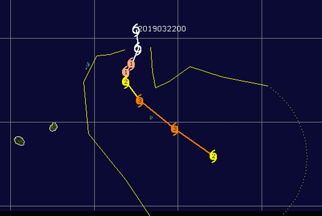 22S future JOANINHA pourrait passer au plus près de Rodrigues dans 3 jours classé en catégorie 3 US soit cyclone intense. La prévision sera ajustée ces deux prochains jours mais la menace potentielle pour Rodrigues est réelle. Carte de prévsion du JTWC émise avec le bulletin N1 sur ce système.