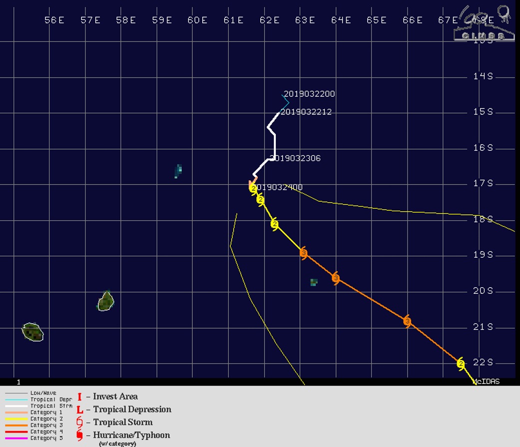 15UTC: JOANINHA(22S) category 2 US, reaching category 3 within 36h while approaching slowly but dangerously Rodrigues island