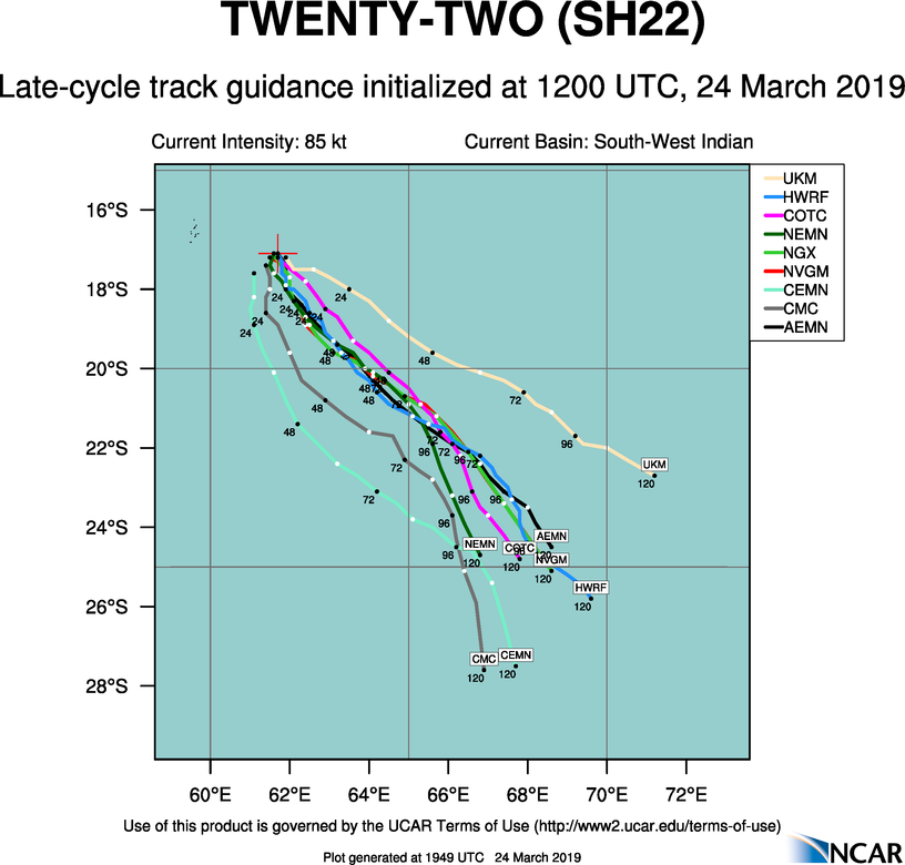 21UTC: JOANINHA(22S) intensifying to category 3 US within 12hours, tracking very close to the east of Rodrigues shortly after 36h