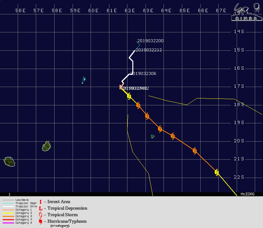 03UTC: JOANINHA(22S) category 2 US, could intensify to category 3 within 24h while slowly approaching Rodrigues