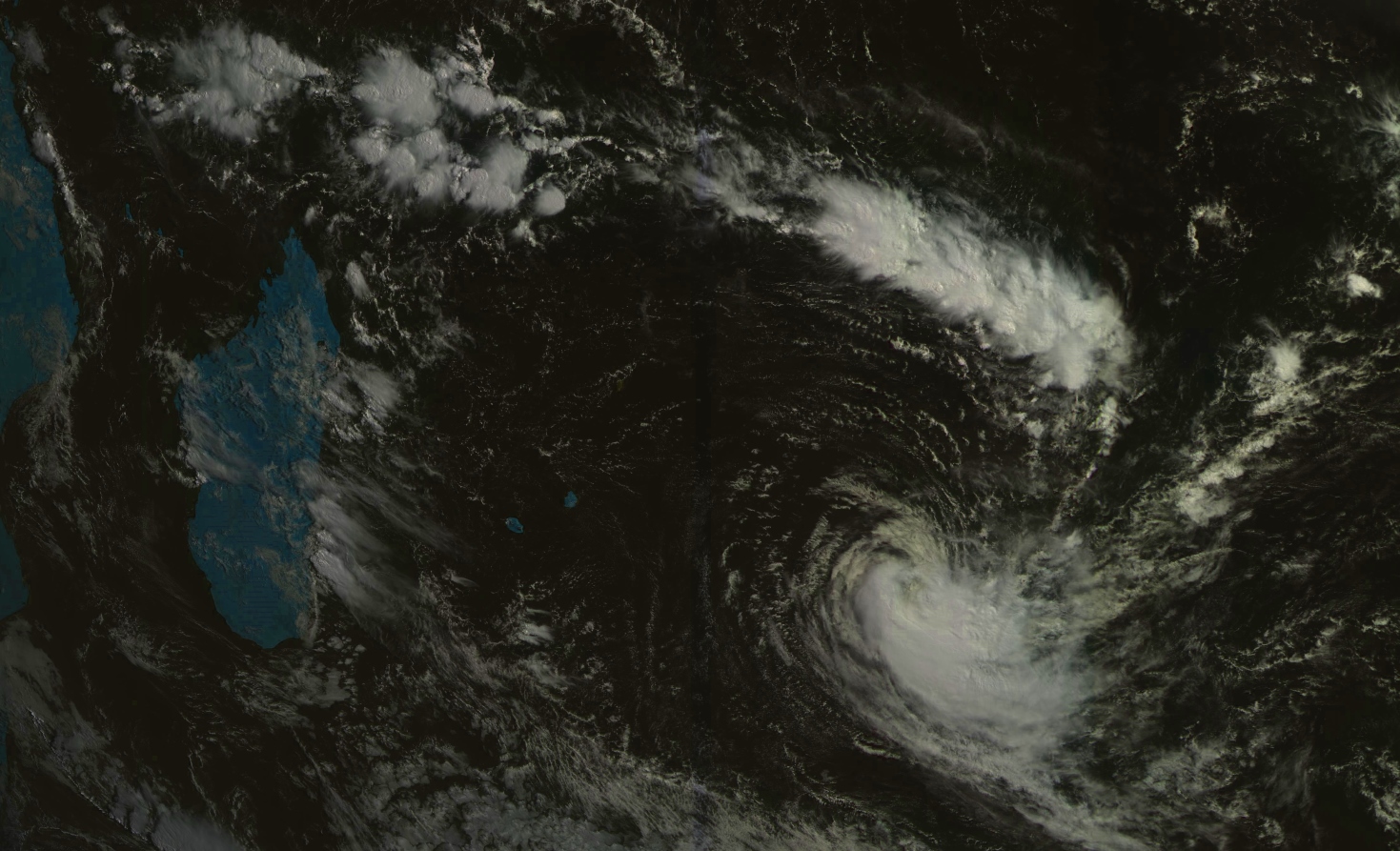 La zone de Mada/Mascareignes vue à 09h/Mascareignes ce matin par le satellite géostationnaire russe. JOANINHA encore classé "cyclone" à ce moment là est bien repérable tout comme nos deux petits bijoux que sont Maurice et la Réunion baignés de soleil.