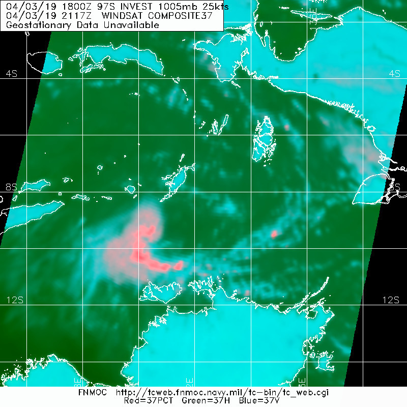 INVEST 97S montre des signes évidents de formation cyclonique qui s'accélère. Le système sera numéroté TC 23S par le JTWC quand il aura atteint l'intensité de dépression tropicale. Image micro-ondes de 2117TU.